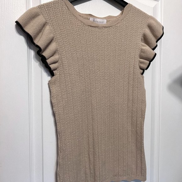 Ally Mae Tan & Black Trim Flutter Short Sleeve Sweater-Size Large-Women's-Casual - Picture 1 of 14
